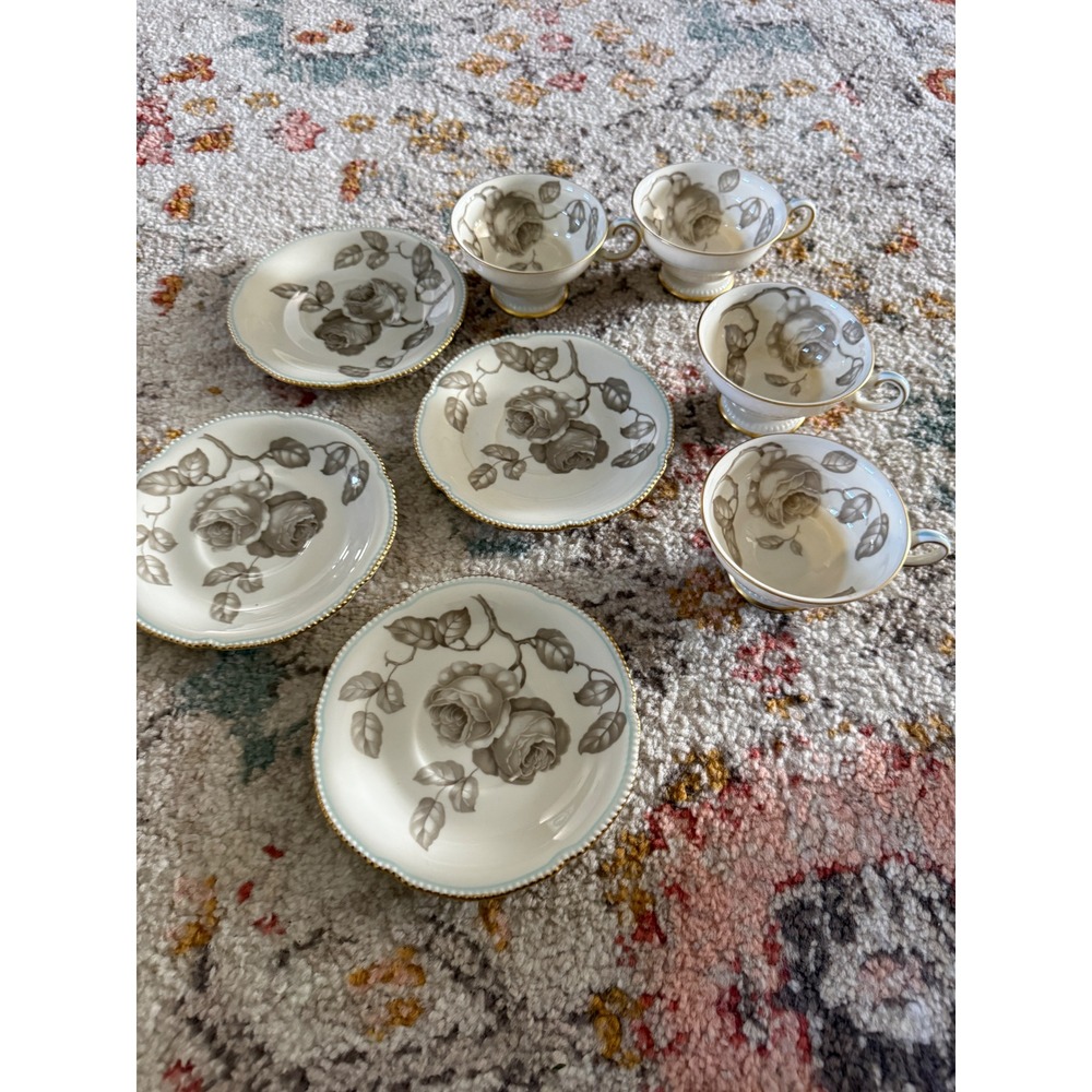 Castleton China Gloria Grey Rose Tea Cup and Saucer Set of 9 Made in USA Vintage